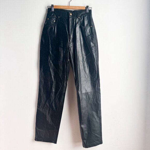 NUAGE Black Shiny High Waist Leather Pants 8 - Picture 2 of 5